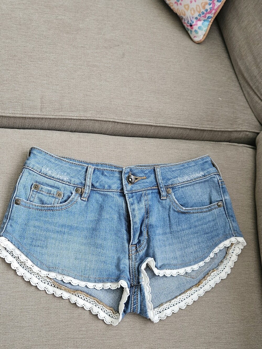 Roxy Low Rise Jean Shorts Light Blue Denim Lace-Trim Y2K